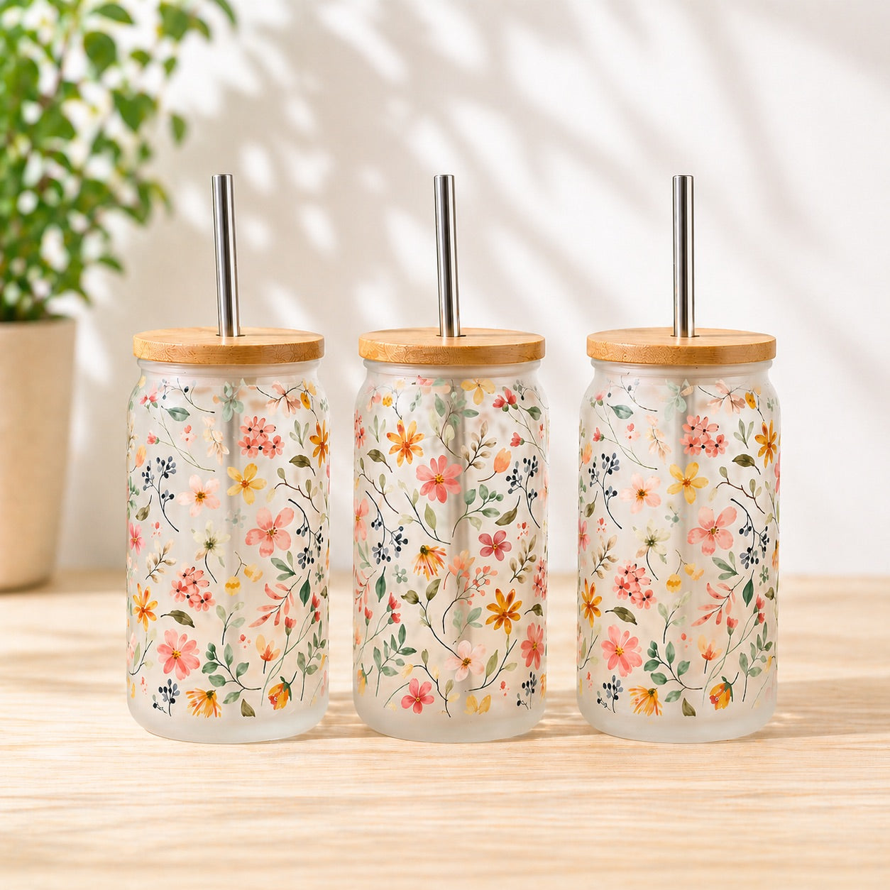  Spring Time Flowers 16oz Frosted Glass Tumbler 