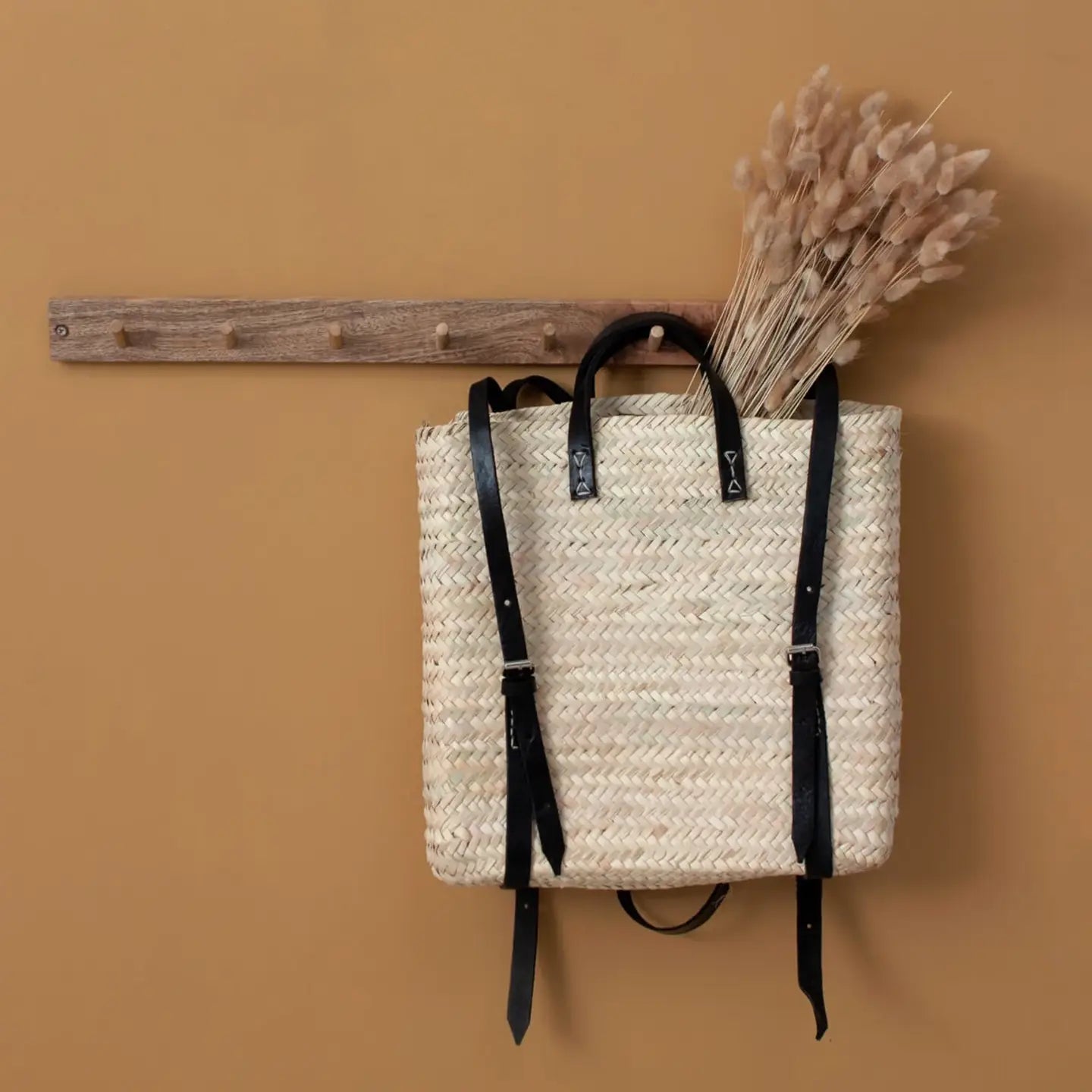 Straw Backpack with Leather Strap